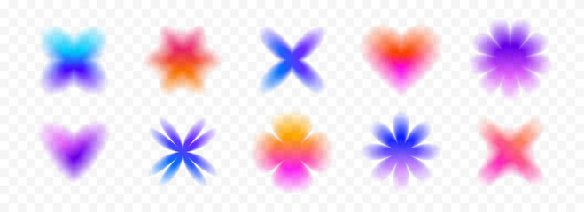 Poster - Colorful blurred gradient flowers and hearts set. Bright blurry aura shape collection. Fading abstract elements for poster, template, badge, sticker, collage. Vector iridescent smooth flower pack