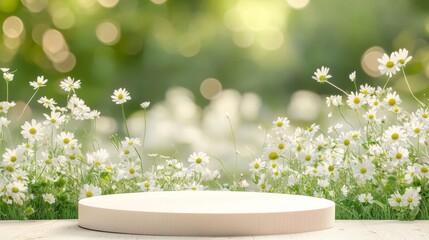 Wall Mural - podium with a white meadow flowers background
