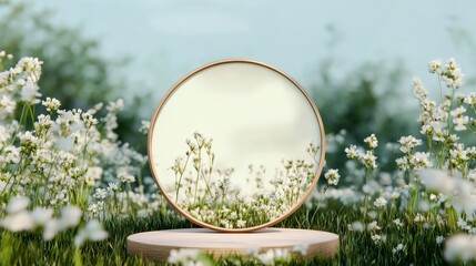 Wall Mural - podium with a white meadow flowers background