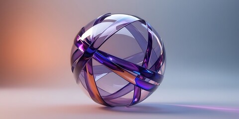 Futuristic 3D rendering of a transparent purple and pink glass sphere with intertwined bands on a reflective surface, glowing with ambient lighting and modern aesthetics

