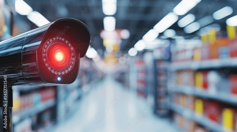 Close-up of surveillance camera with blinking red LED light monitoring retail store aisle, security and monitoring concept for shopping mall or supermarket.