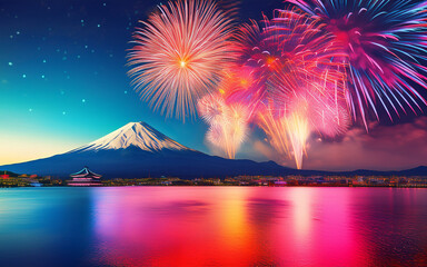 Wall Mural - fireworks over lake Fuji mountain