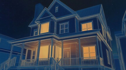 Aufkleber - Blueprint of a house with illuminated windows against a dark starry sky at night