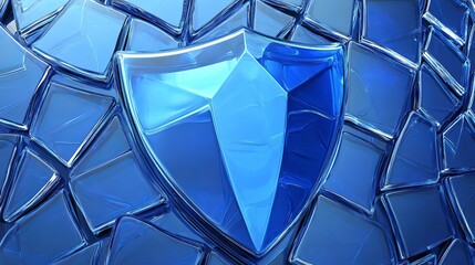 Poster - Close up of a blue shield emblem with geometric shapes and a mosaic tile background design art