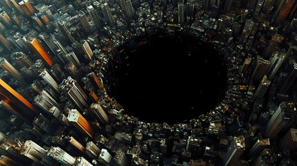 Wall Mural - surreal aerial view of urban landscape with dark circular abyss. [graviton cities] | aerial dystopia