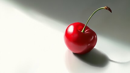 Poster - A single cherry with stem on a white surface casting a shadow in a bright studio light setting
