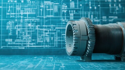 Poster - Detailed Industrial Gear Component with Technical Blueprint Background for Mechanical Engineering Projects