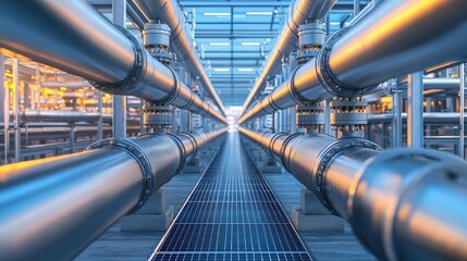 Poster - Industrial Pipe System in Modern Factory Facility with Bright Metallic Finish and Strategic Lighting Elements