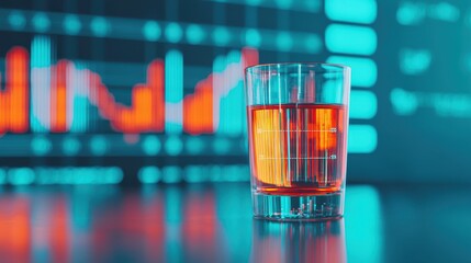 Poster - Glass of Amber Liquid with Financial Graphs in Background Representing Investment and Business Trends