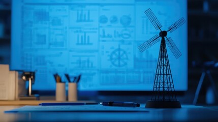 Poster - Model Windmill with Graphs and Data Analysis Background in Blue Light for Renewable Energy Concepts
