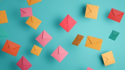 Poster - Colorful Envelopes Floating Against a Vibrant Turquoise Background for Creative Projects and Designs