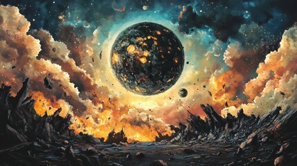 Wall Mural - Cosmic landscape of a fractured planet.
