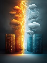 Aufkleber - Clouds Shaped Like Tech Servers Generate Electrifying Clash With Lightning at the Center, Showcasing Contrast Between Two Digital Realms Generative AI