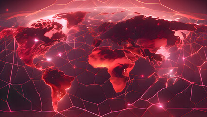Poster - World map with interconnected glowing red lights representing global digital network