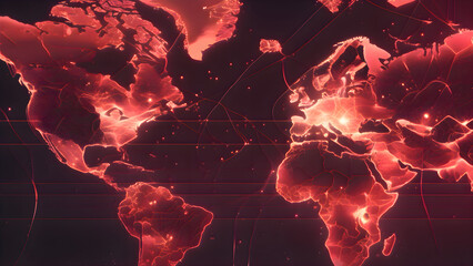 Poster - Digital map of the world displaying red illuminated network points in a dark background
