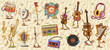© Vector Tradition - Cartoon groovy musical characters. Psychedelic music instrument vector personages, vinyl record, microphone, radio, cassette and headphones. Hippie guitar, violin, drum, flute, trumpet, harp and cello
