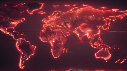 Poster - Digital map of the world with red illuminated points on a dark background