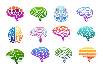 Poster - Human brain icons, mind and creative idea, science, knowledge and education, smart technology and artificial intelligence vector concept. Human head brain icons with abstract circuit and maze patterns