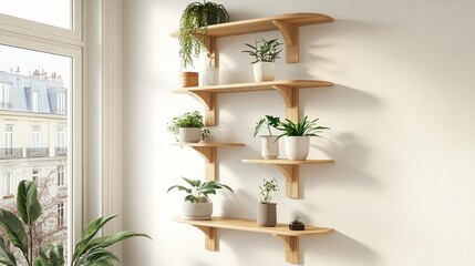 Fototapete - Japandi-style shelving system reaching ceiling with wood finish
