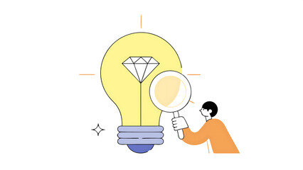 Poster - business value discover opportunity or benefit from idea quality measurement or search for brilliant idea worth concept businessman discover valuable priceless diamond from bright lightbulb idea