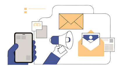 Poster - email marketing campaign subscription newsletter or online announcement to customer digital advertising concept businessman on mobile phone using megaphone to send flying email newsletter online
