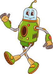 Poster - Cartoon retro robot or droid groovy character with funny face, vector space android. Groovy retro robot or alien cyborg bot with happy smile, mechanical arms and buttons or toggles for kids character