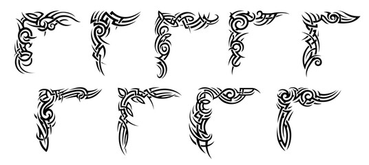 Aufkleber - Tribal Celtic and Maori tattoo pattern. Vector set of black corners, decorative angle borders in ancient folk style with curves or swirls. Traditional Gaelic monochrome ornaments, or embellishments