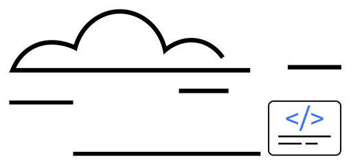 Minimal cloud outline with a coding panel, representing cloud computing, development, and digital innovation. Ideal for web development, technology, coding, software, innovation cloud services flat