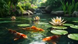Serene pond with koi and water lilies
