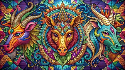 Poster - Whimsical Mythical Creatures Doodle Art on Geometric Background