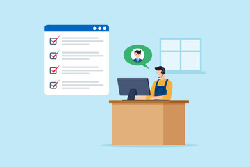 Poster - Flat illustration of support staff checking task checklist while assisting customer online with headset and computer at helpdesk