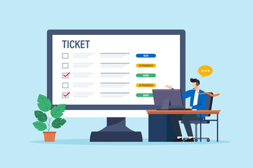 Poster - Flat illustration of employee reviewing support tickets with dashboard status while assisting customer on call in helpdesk service