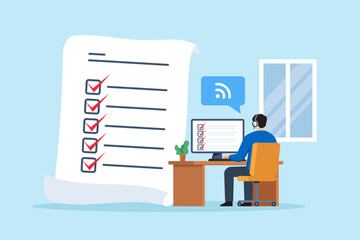 Poster - Flat illustration of remote support operator reviewing tickets with checklist on computer during online assistance