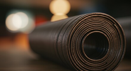 Poster - Close up of rolled dark material with circular patterns, a textured surface with a blurred background, showcasing an abstract composition and detailed layers