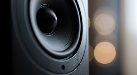 Poster - Close-up shot of a black speaker showing its cone and surrounding structure, with out-of-focus lights in the background creating a bokeh effect