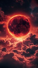 Wall Mural - Fiery celestial body rising above crimson clouds.