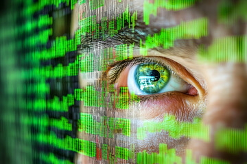 human eye with digital code overlay technology and data concept