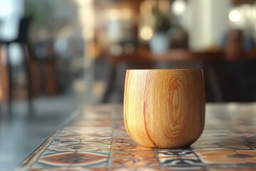Poster - Light-brown wooden cup resting on a tiled surface.