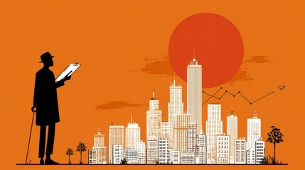 Poster - Silhouette figure studies urban development plan against a vibrant orange background.