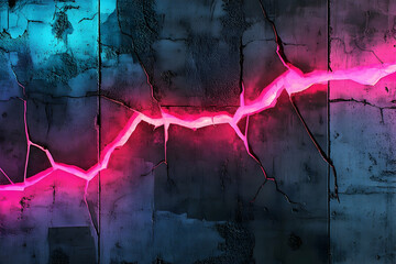Poster - Vibrant neon light crack pattern on a textured wall.