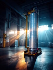 Aufkleber - Stretch Film Wrapping Machine in an Industrial Warehouse With Cinematic Lighting During Daytime Generative AI