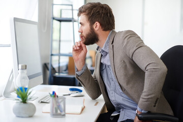 Poster - Thinking, writer and man in startup on computer for copywriting, editing or creative agency for media. Startup, news research or journalist typing on pc for publication website or reading blog update