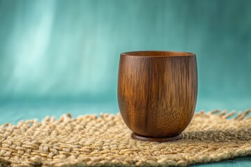 Poster - Wooden drinking cup on a woven placemat.