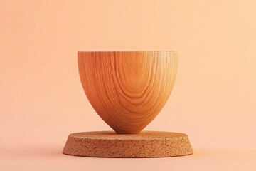Poster - Wooden bowl resting on a cork base against a peach background.
