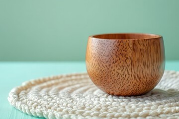 Poster - Wooden bowl resting on a crocheted placemat.
