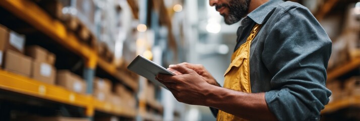 Poster - Warehouse Worker Utilizing Digital Tablet for Item Scanning in Busy Storage Facility During Daylight Hours Generative AI