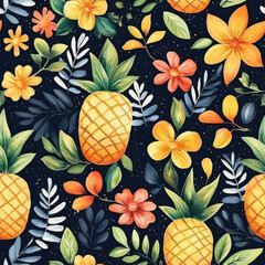 Wall Mural - Bright pineapples and tropical florals in vibrant pattern in summer