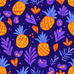 Wall Mural - Bright pineapples and tropical florals on dark background in summer