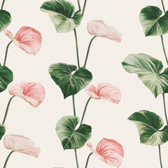 Wall Mural - Vibrant Caladium leaves and pink flowers create seamless pattern in summer