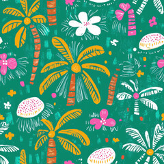 Wall Mural - Bright tropical pattern with palm trees and colorful flowers in summer